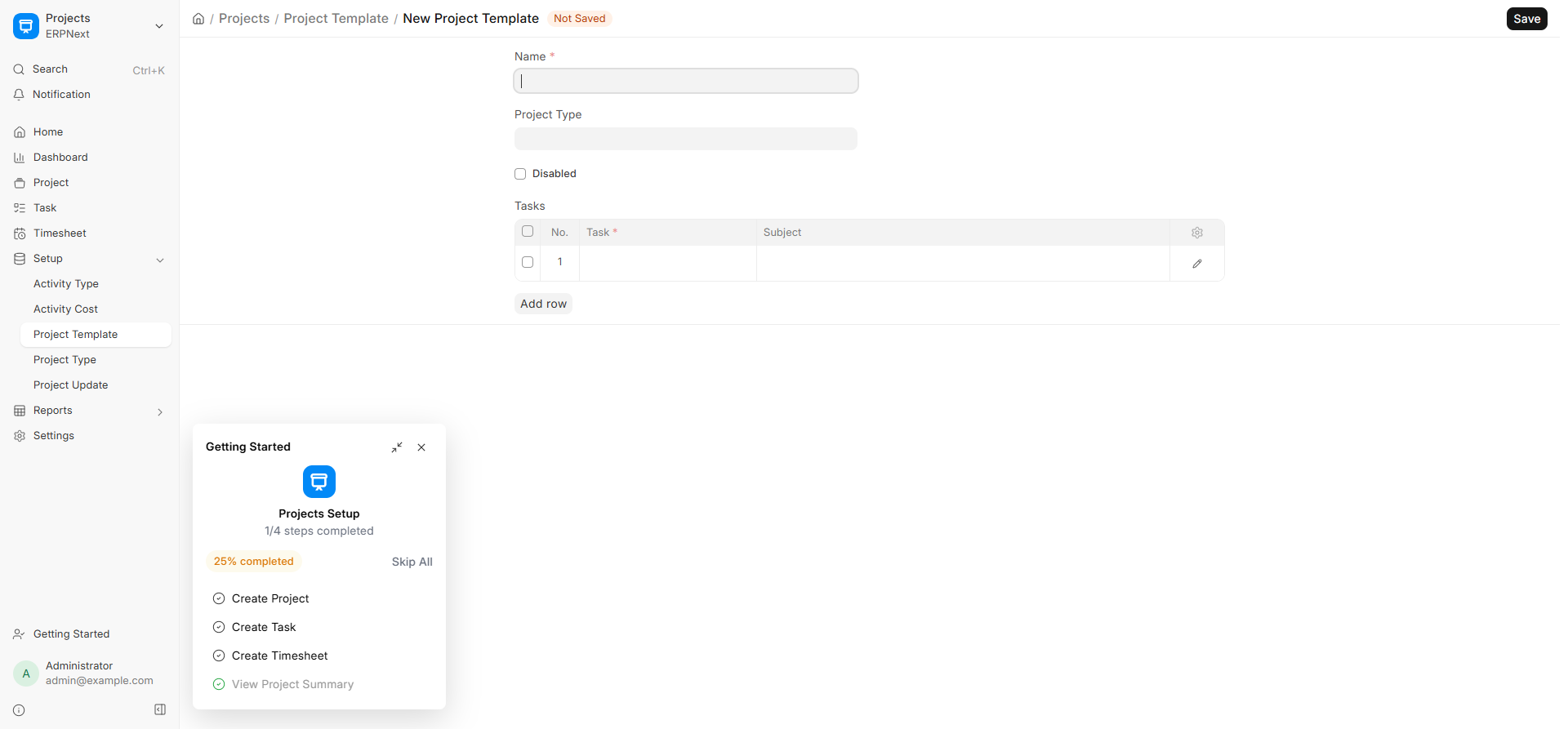 Form tạo Project Template