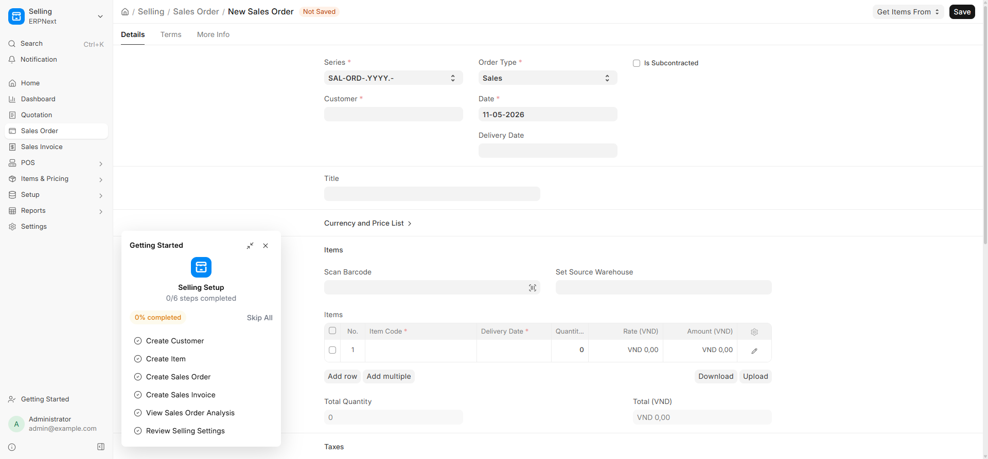 Form tạo Sales Order