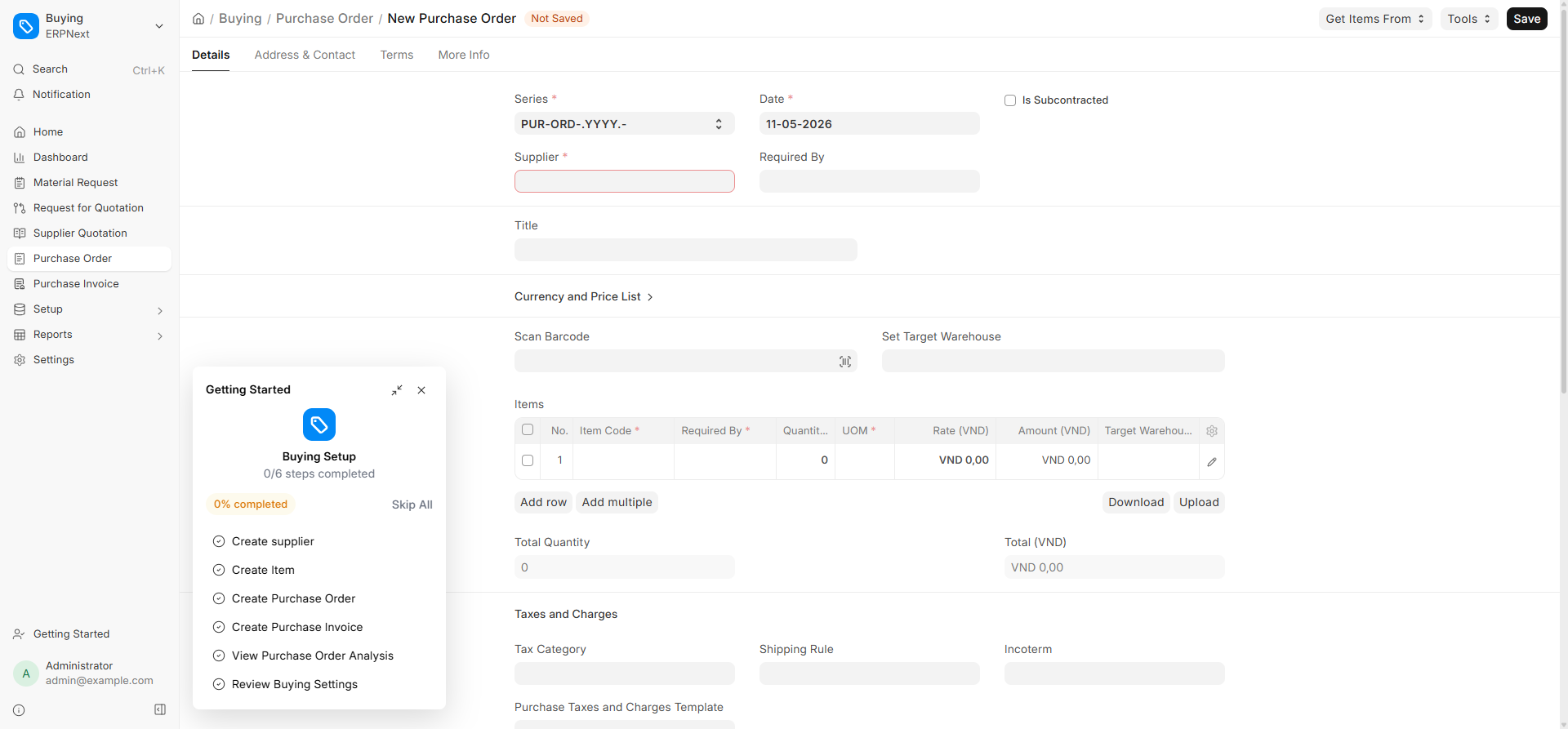 Form tạo Purchase Order