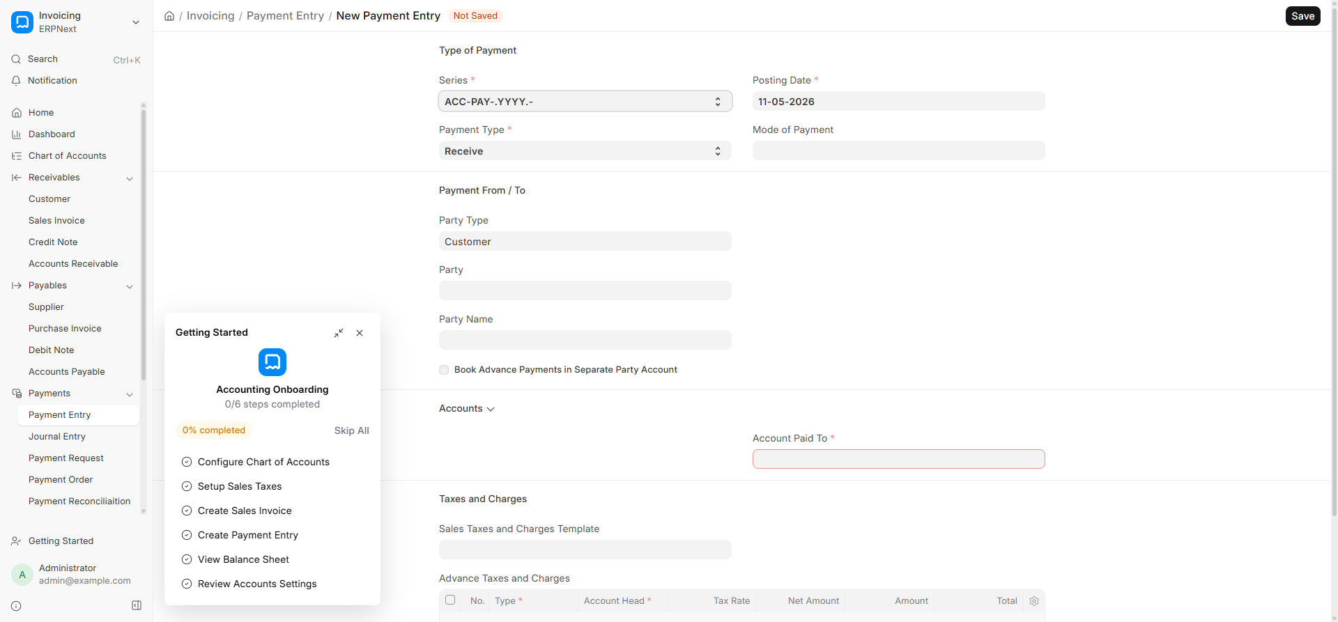 Form tạo Payment Entry