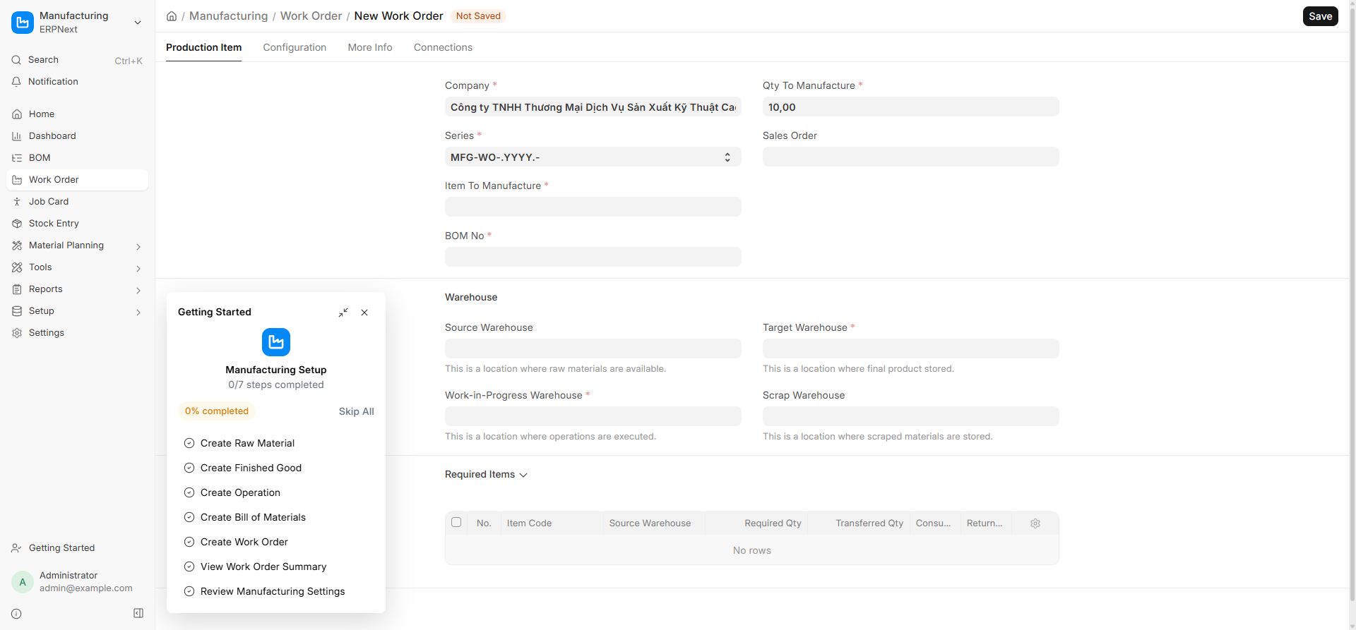 Form tạo Work Order