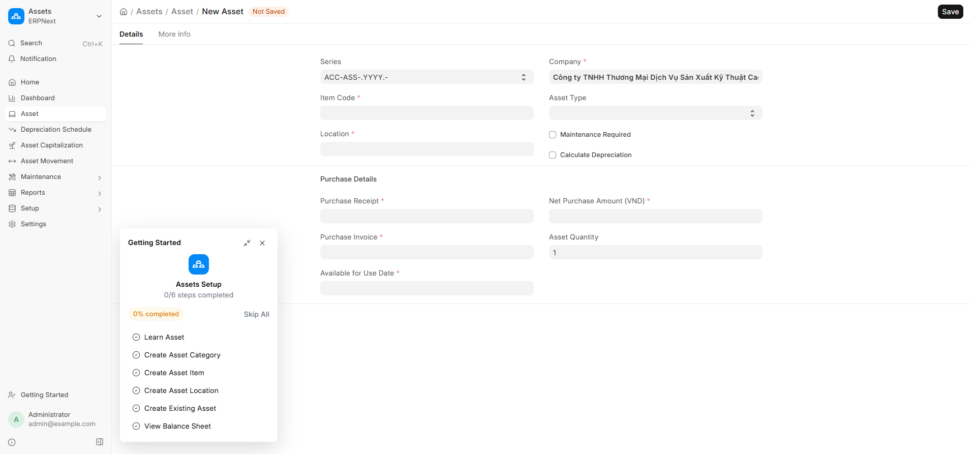 Form tạo Asset